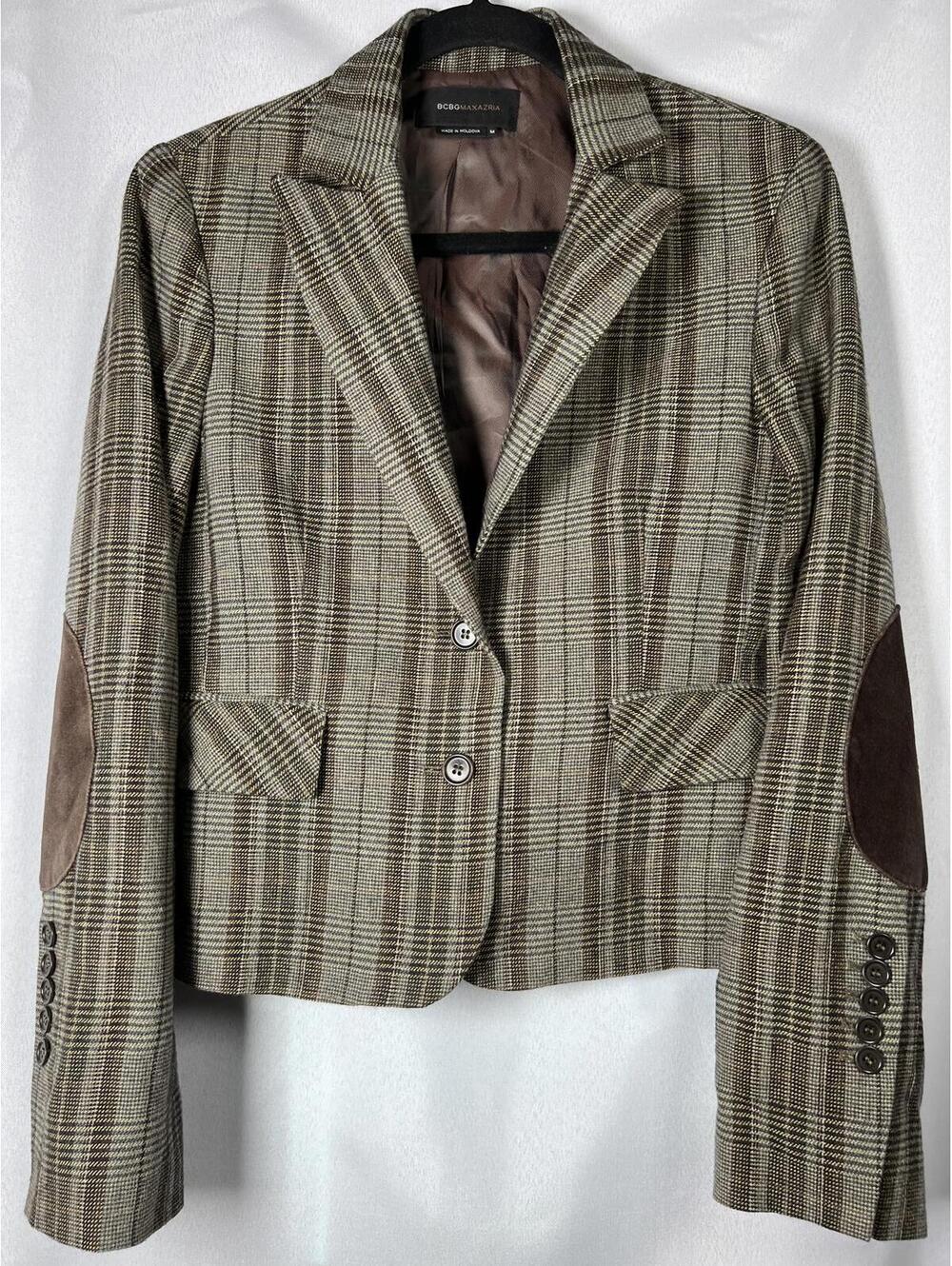 BCBGMAXAZRIA Women's Plaid Wool Blazer with Suede Elbow Patches